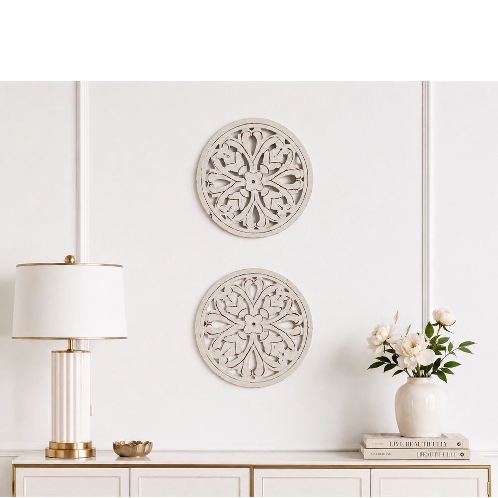 Set of 2 Distressed White Wood Wall Medallions 15.5" Round Floral Decor 105-10